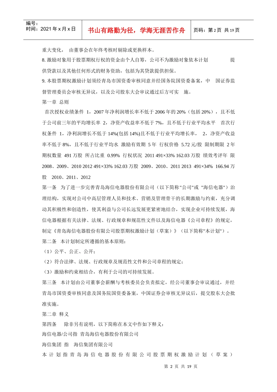 青岛海信电器股份有限公司股票期权激励计划（草案）_第2页