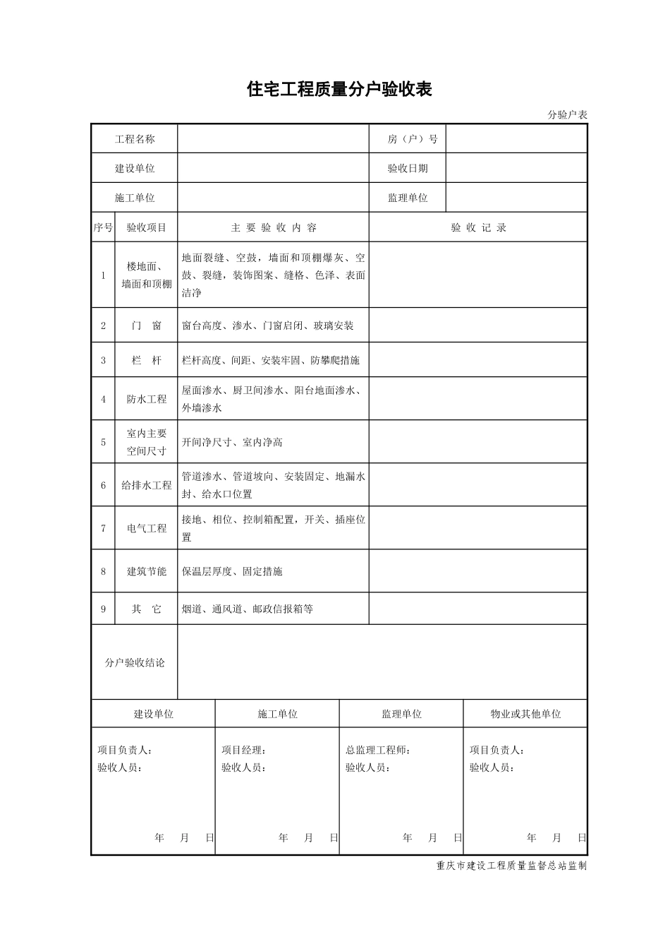 住宅工程质量分户验收表、分户验收记录表(XXXX版)_第1页