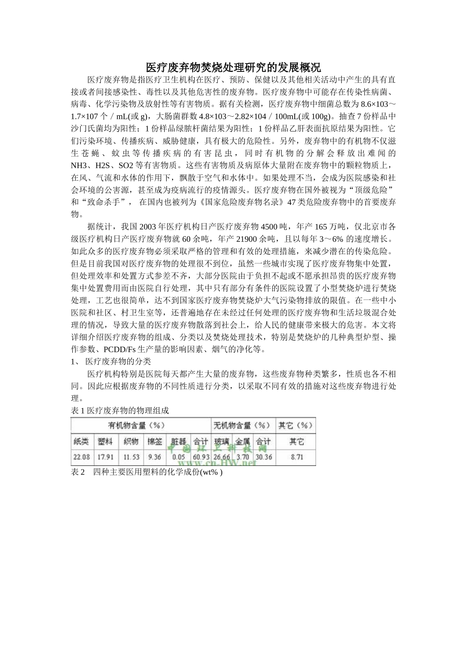 医疗废弃物焚烧处理研究的发展概况_第1页