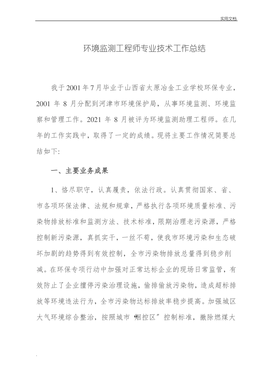 环境监测工程师专业技术工作总结_第1页