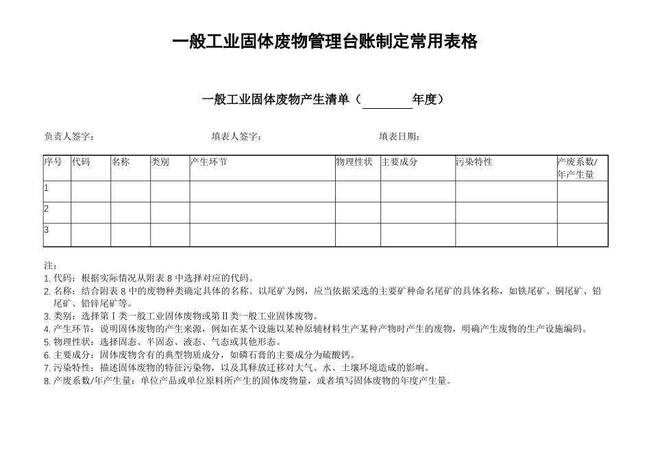 一般工业固体废物管理台账制定常用表格_第1页
