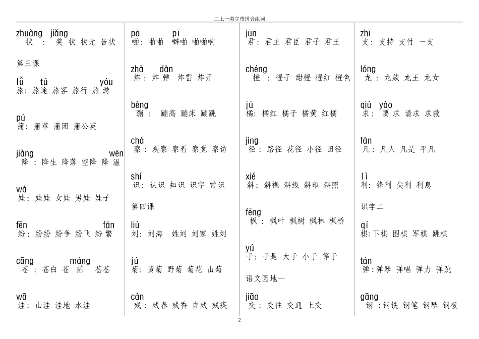 人教版二年级上册一类字组词(带拼音)_第2页