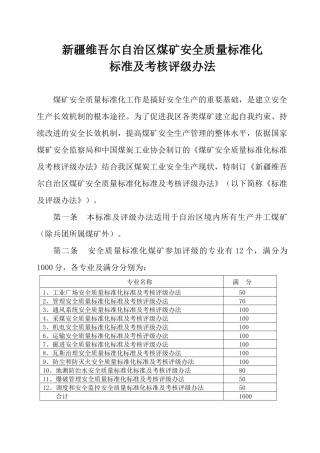 自治区煤矿安全质量标准化标准及考核办法