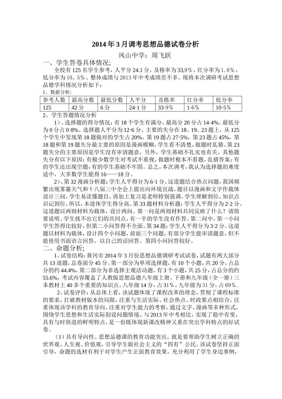 2014年3月调考思想品德试卷分析_第1页