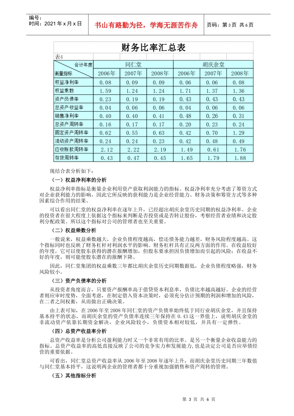 电大财务_同仁堂 综合分析_第3页