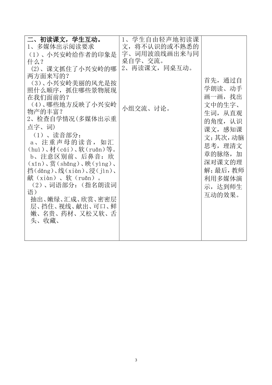 人教版三年级语文上册《美丽的小兴安岭》教学设计-崔洁莉_第3页