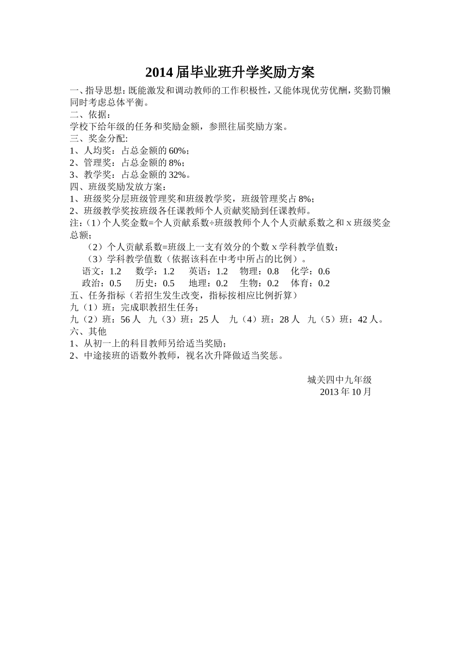 2014届毕业班升学奖励方案_第1页