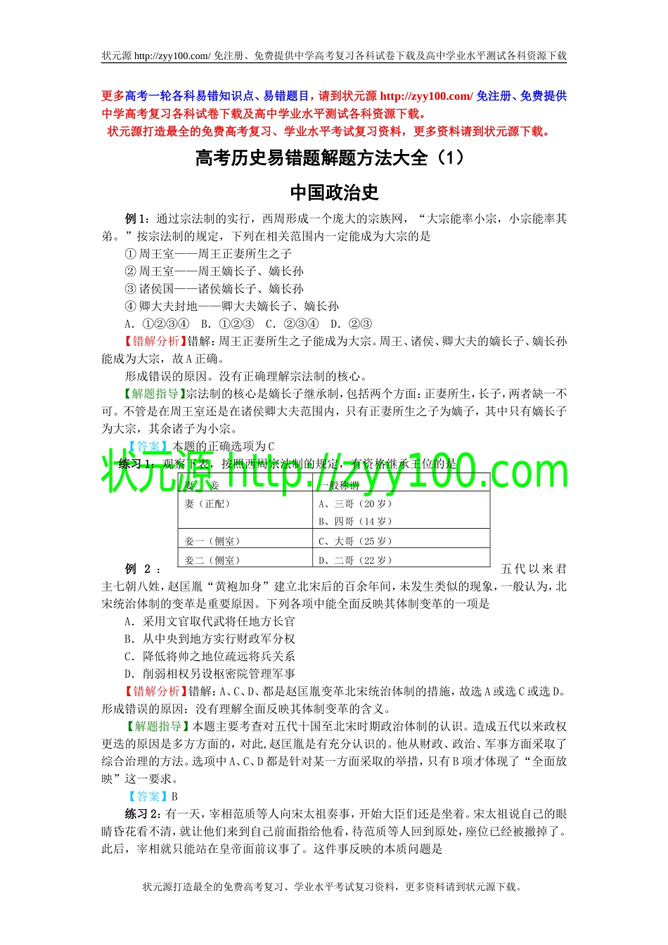 高考历史易错题解题方法大全（1）：中国政治史_第1页