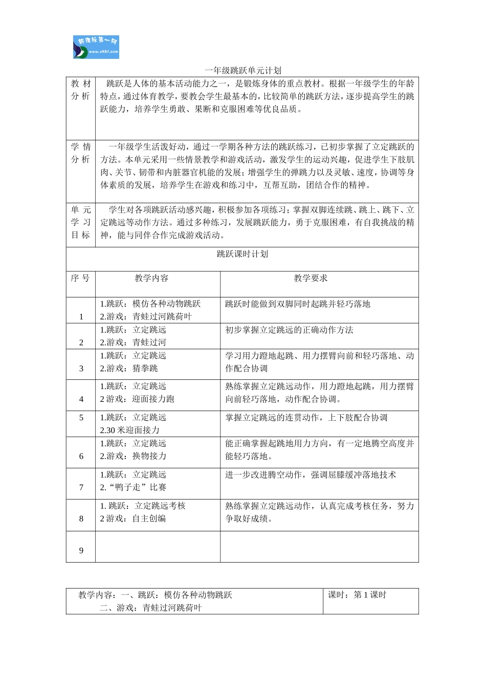 一年级跳跃表格式教案单元计划_第1页