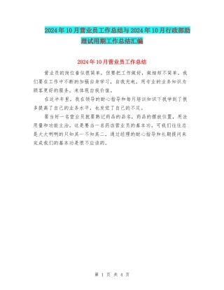 2024年10月营业员工作总结与2024年10月行政部助理试用期工作总结汇编