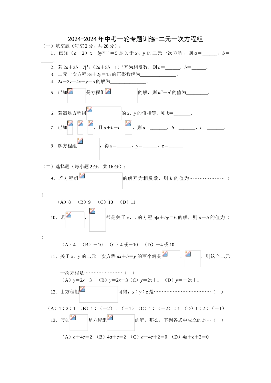 2024-2024年中考一轮专题训练-二元一次方程组_第1页