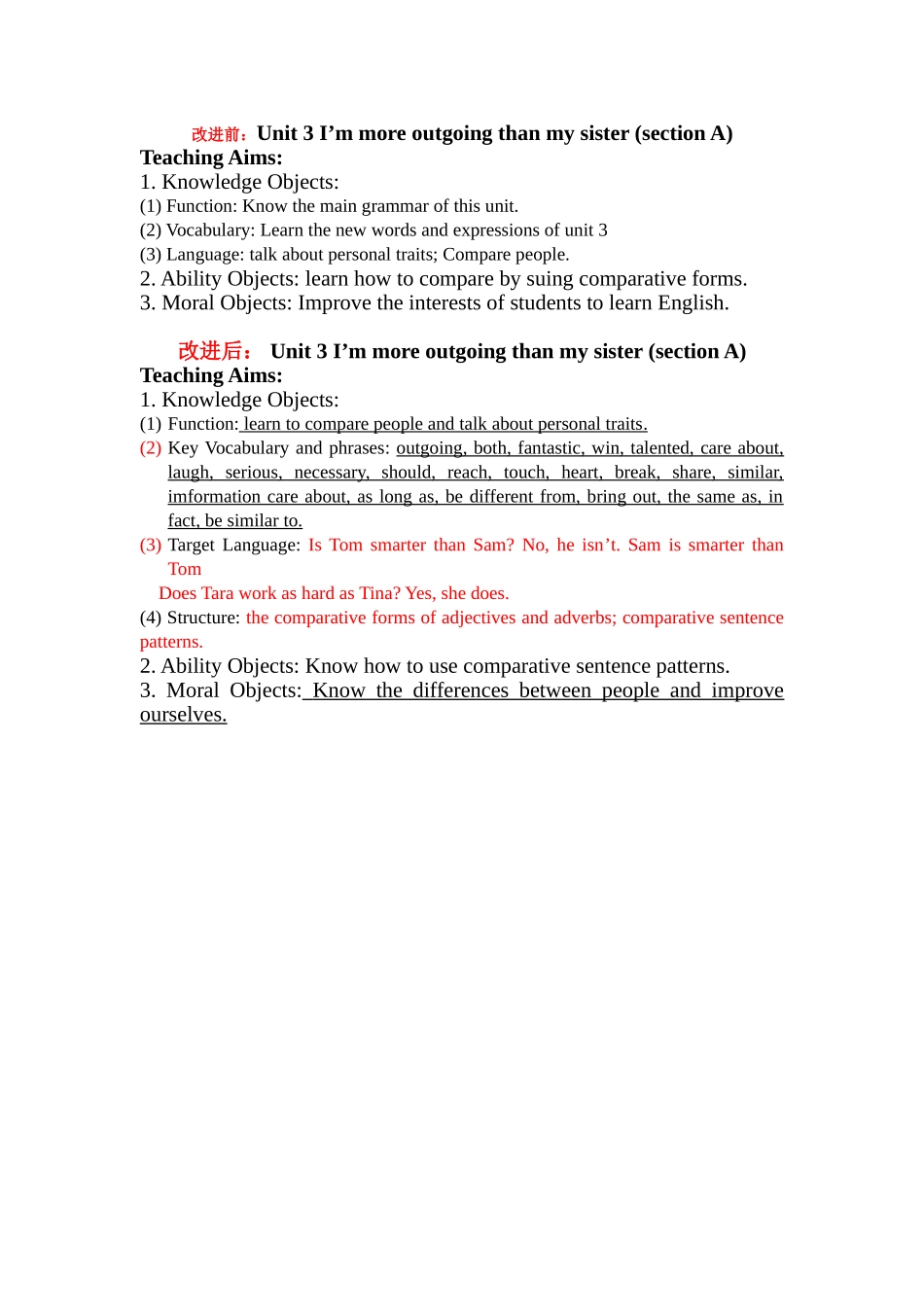 初中英语八年级上册Unit3教学目标改进对比_第1页