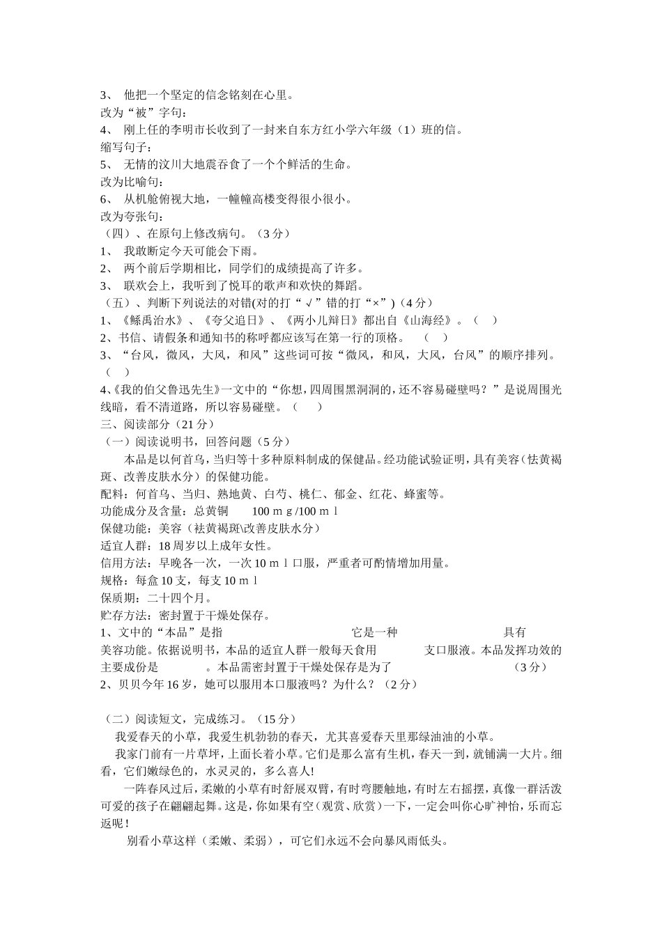 2013年六年级语文毕业模拟试卷_第2页