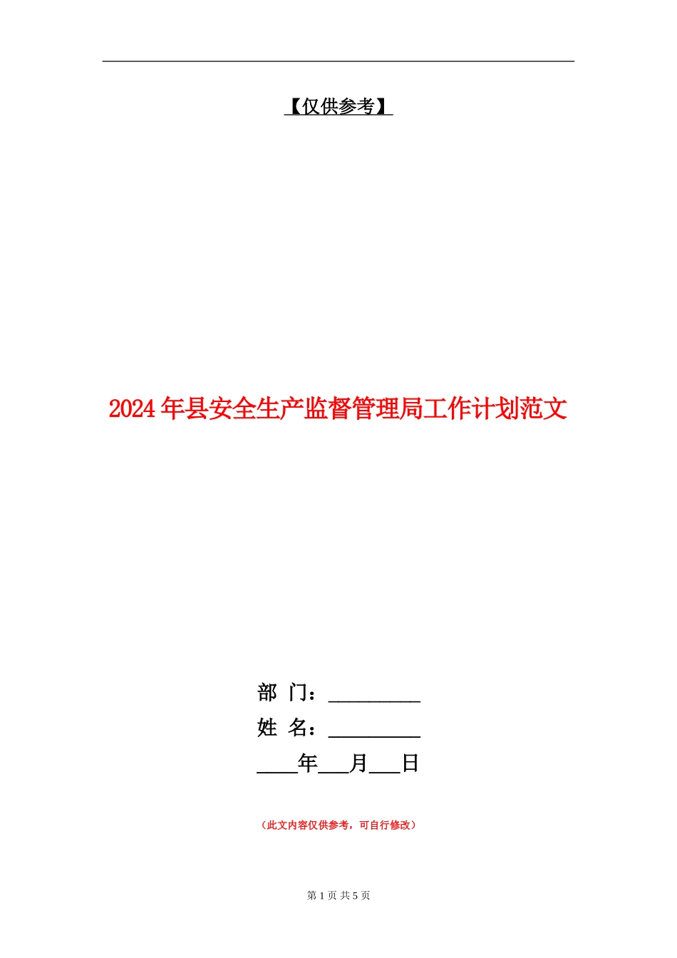 2024年县安全生产监督管理局工作计划范文_第1页