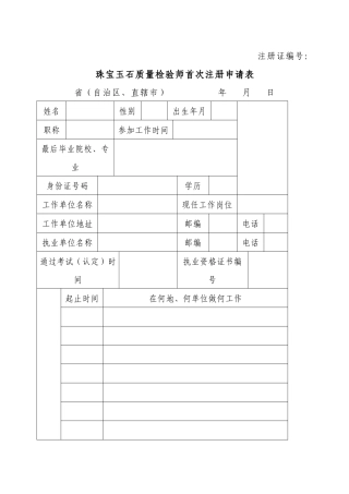 珠宝玉石质量检验师首次注册申请表