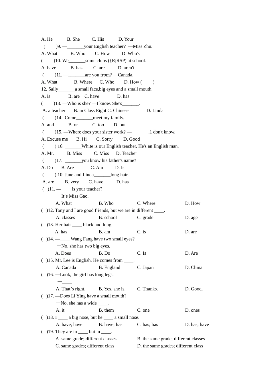 仁爱英语七上2单元1话题练习_第3页