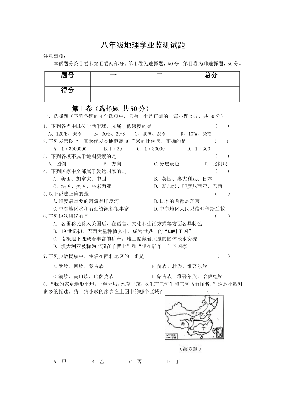 八年级地理学业监测试题_第1页