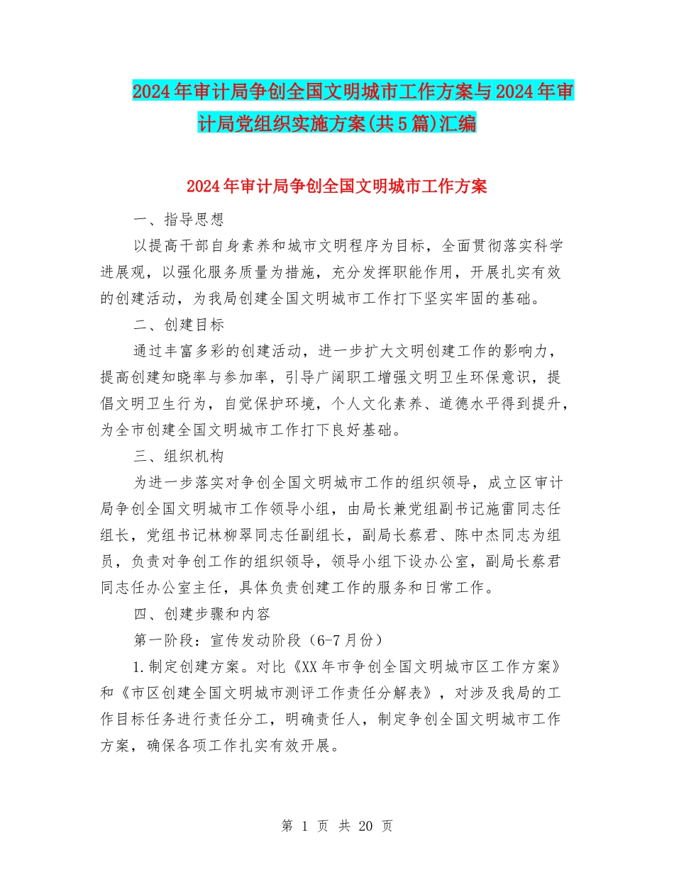 2024年审计局争创全国文明城市工作方案与2024年审计局党组织实施方案汇编_第1页