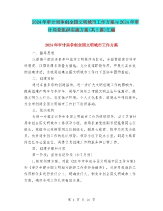 2024年审计局争创全国文明城市工作方案与2024年审计局党组织实施方案汇编