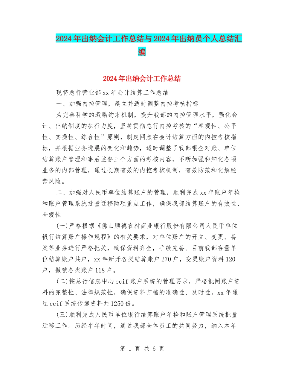 2024年出纳会计工作总结与2024年出纳员个人总结汇编_第1页