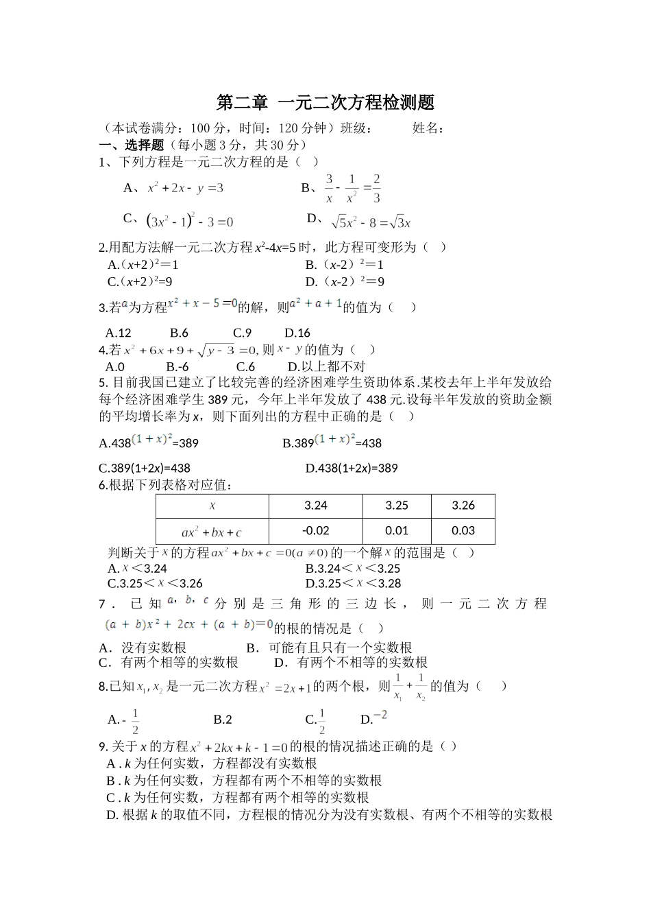 一元二次方程检测题_第1页