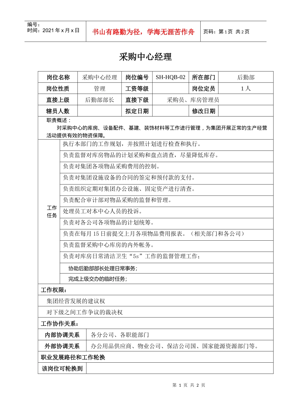 某汽车集团财务部采购经理岗位说明书_第1页