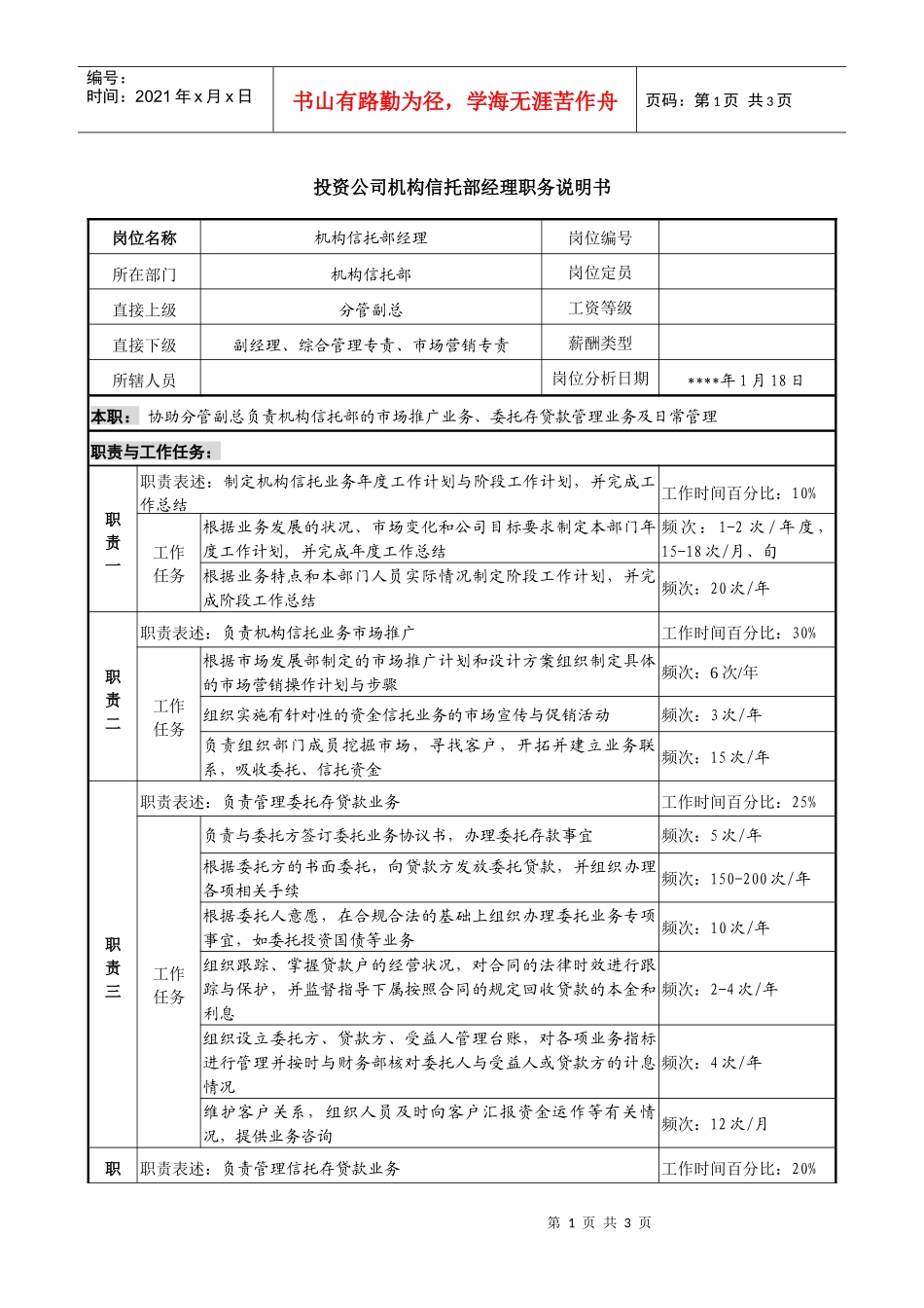 投资公司机构信托部经理职务说明书_第1页