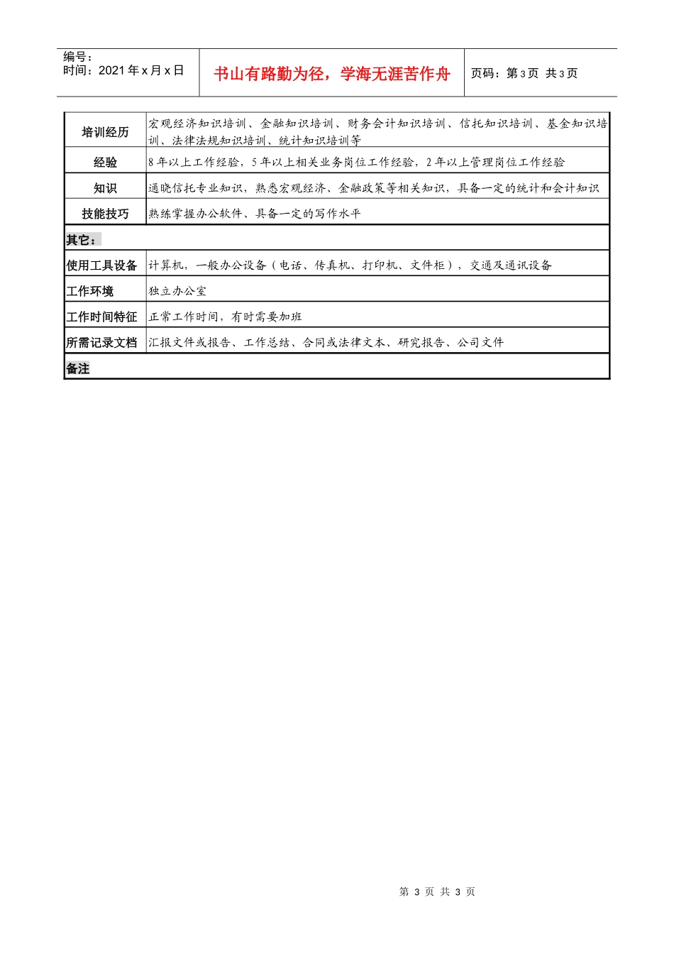 投资公司机构信托部经理职务说明书_第3页