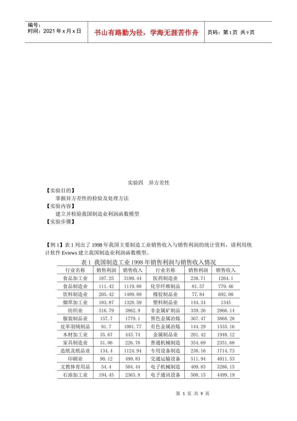 计量经济学实验教学案例实验四异方差_第1页