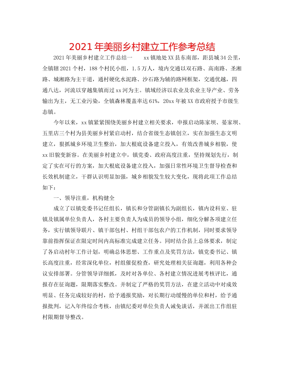 2021年美丽乡村建设工作参考总结_第1页