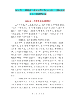 2024年11月财务工作总结范文与2024年11月财务部个人工作总结汇编