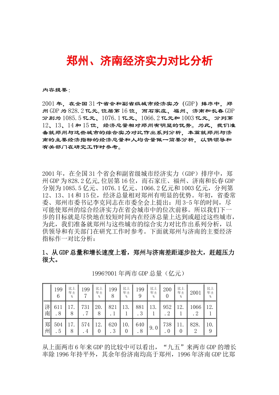 郑州、济南经济实力对比分析报告_第1页