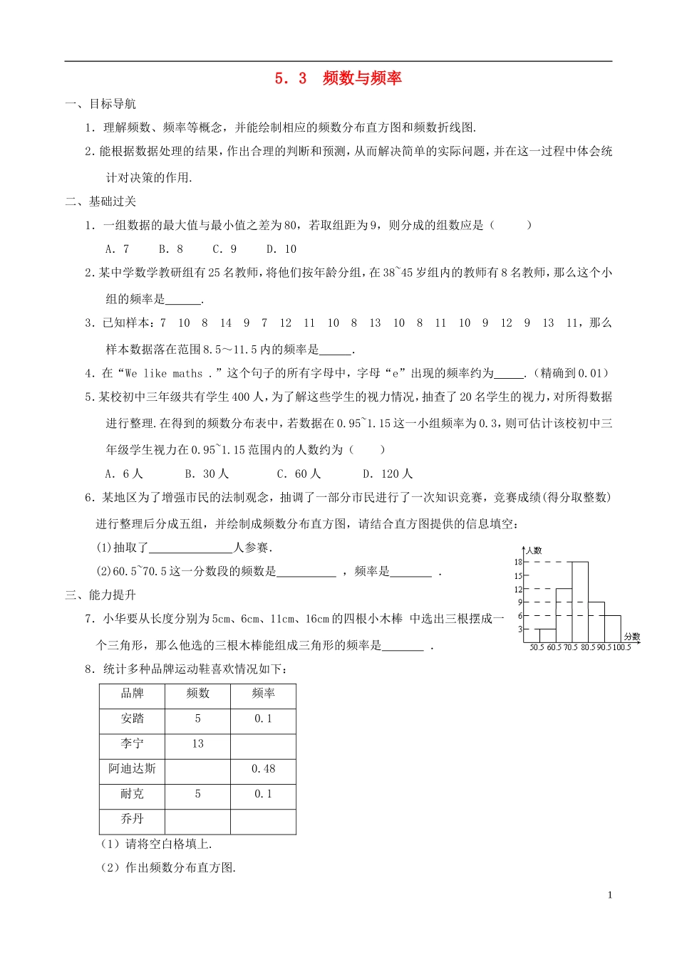 八年级数学下册-5.3--频数与频率同步练习集-北师大版_第1页