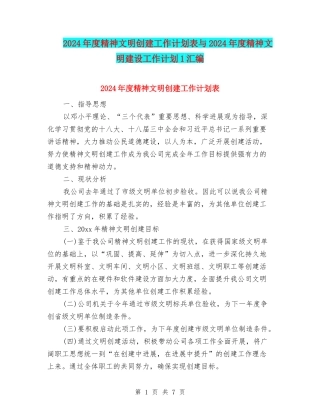 2024年度精神文明创建工作计划表与2024年度精神文明建设工作计划1汇编