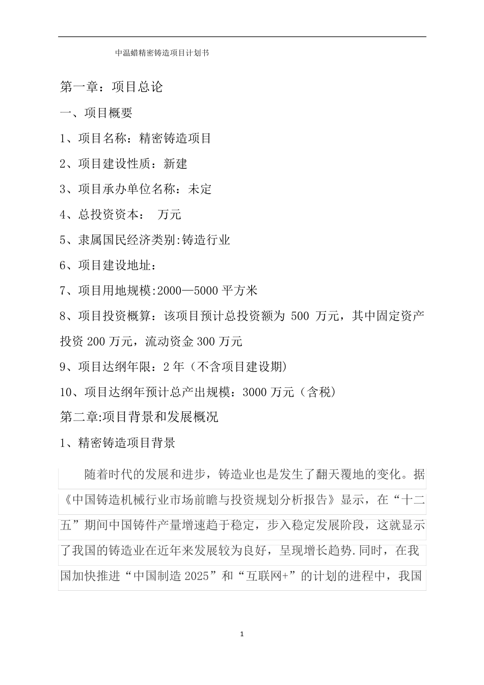 精密铸造项目计划书_第1页