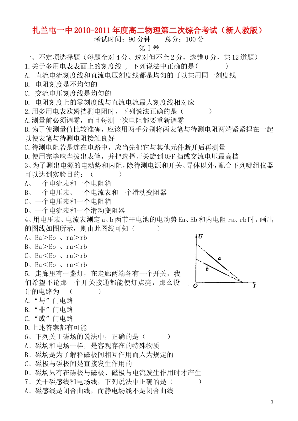 内蒙古呼伦贝尔市扎兰屯一中2010-2011年度高二物理第二次综合考试-理-新人教版【会员独享】_第1页