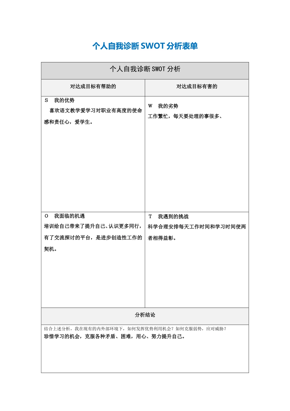 个人自我诊断SWOT分析表-(13)_第1页