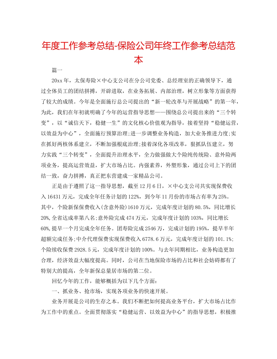 2021年度工作参考总结保险公司年终工作参考总结范本_第1页