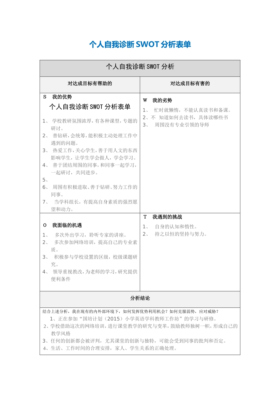 第一步骤所需文档：个人自我诊断SWOT分析表-(4)_第1页