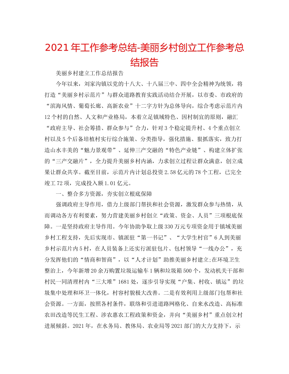 2021年工作参考总结美丽乡村创建工作参考总结报告_第1页