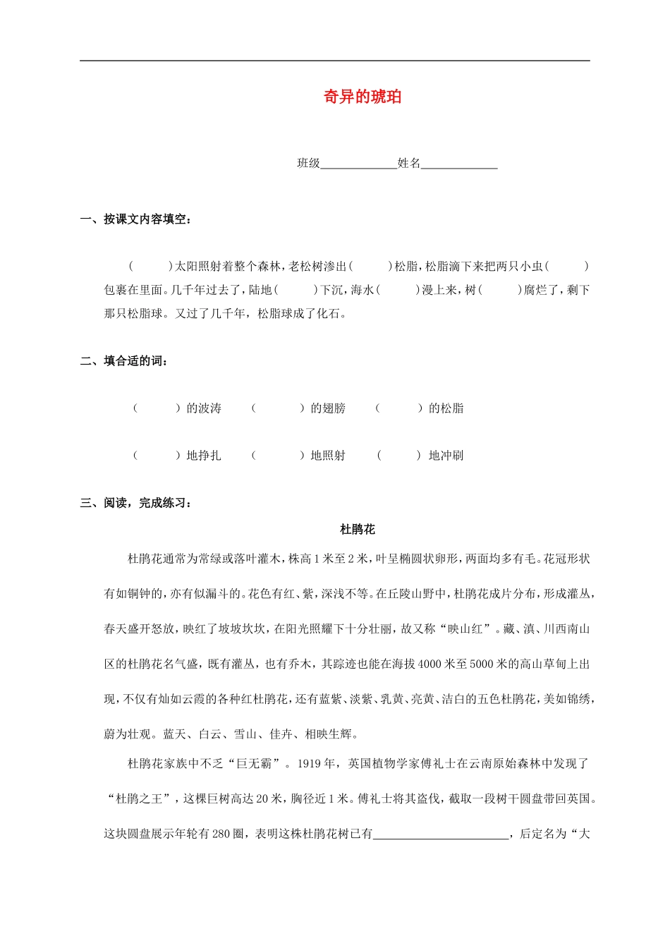 六年级语文上册-奇异的琥珀一课一练(无答案)-语文S版_第1页