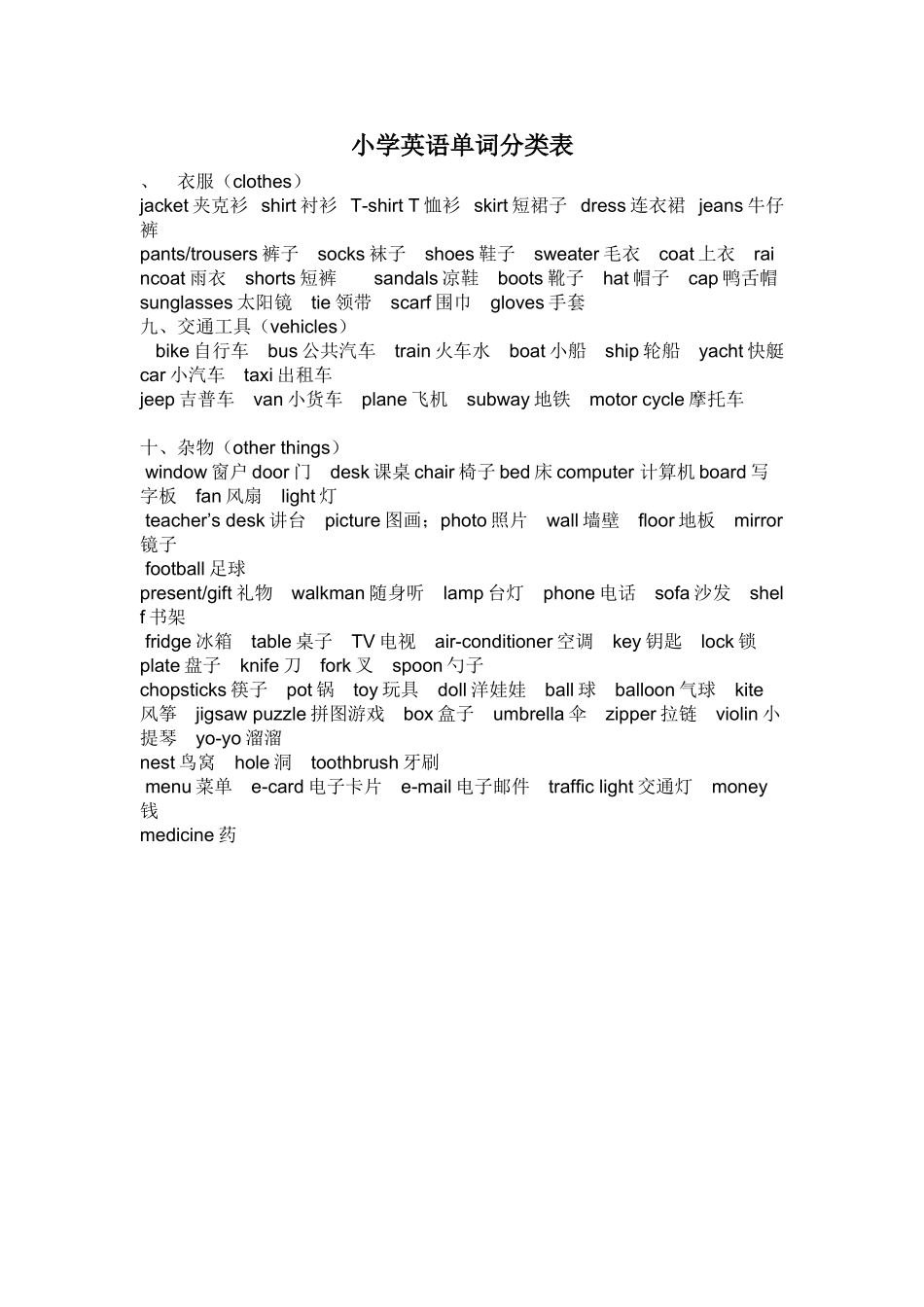 小学英语单词分类表_第1页