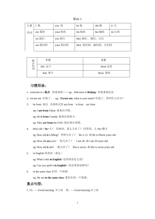 七年级英语湘教版上Unit1知识点小结辅导
