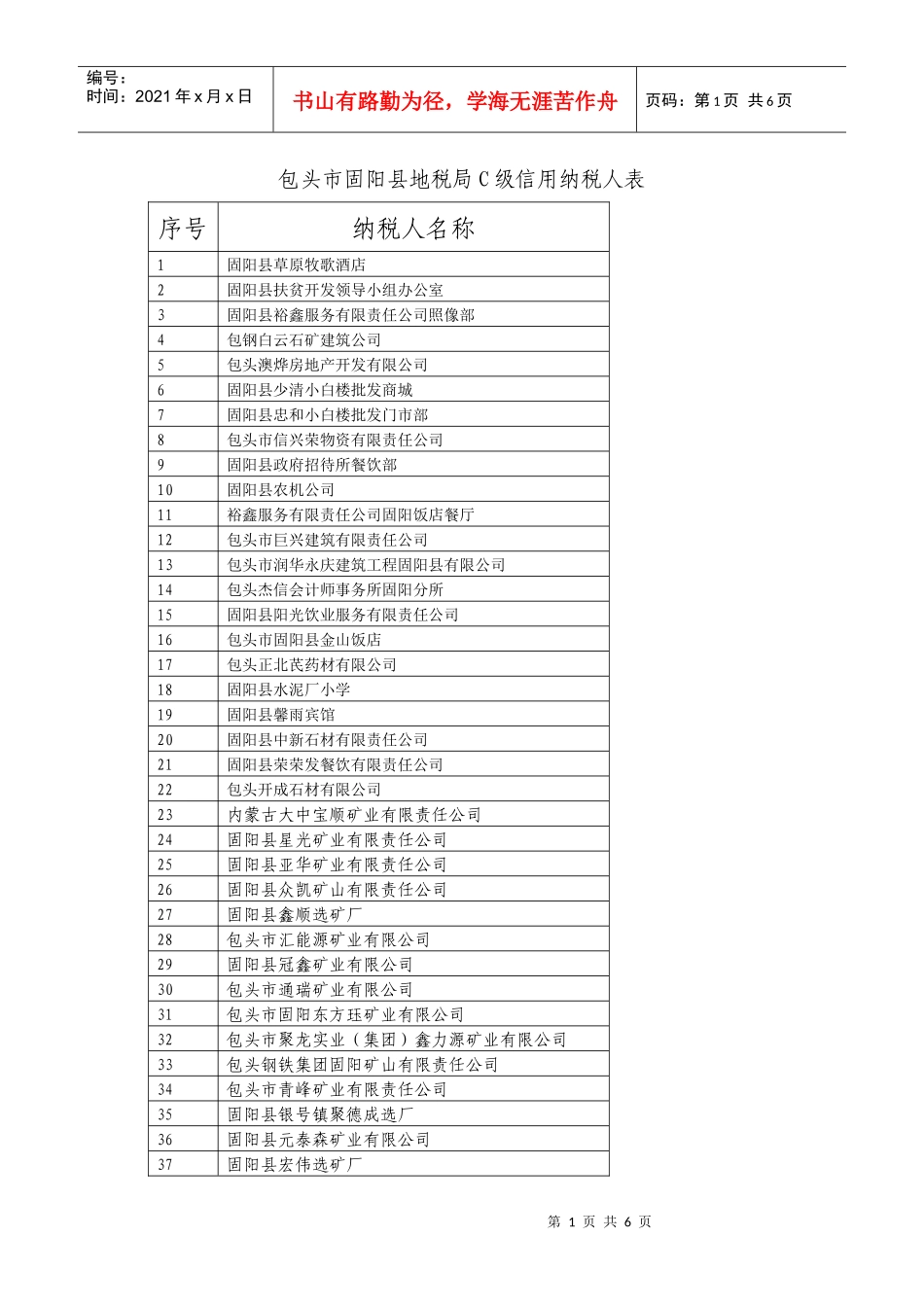 包头市固阳县地税局C级信用纳税人表-包头市地税局C级信用_第1页