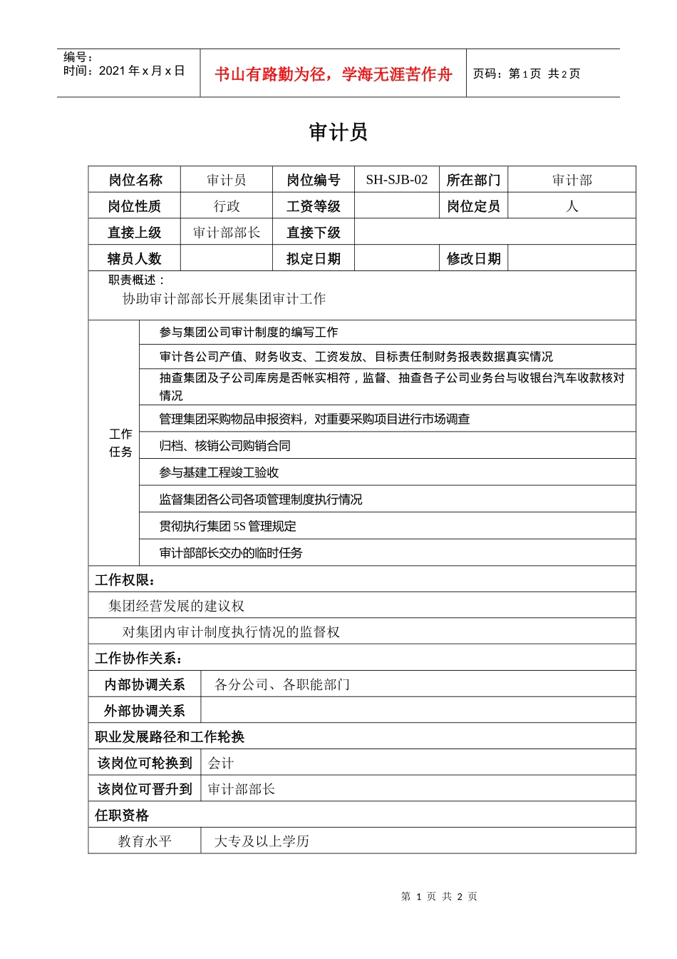 某汽车集团审计部审计员岗位说明书_第1页