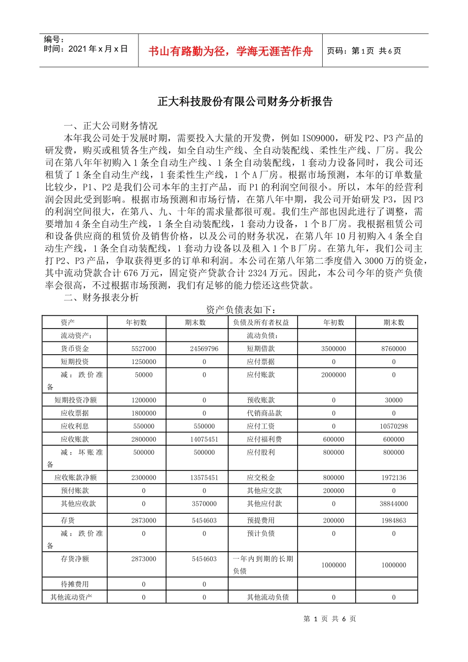 正大科技股份有限公司财务分析报告_第1页
