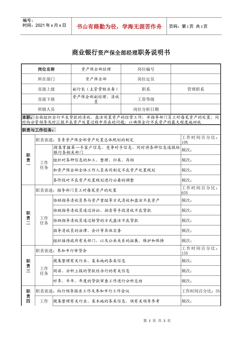 商业银行资产保全部经理职务说明书_第1页