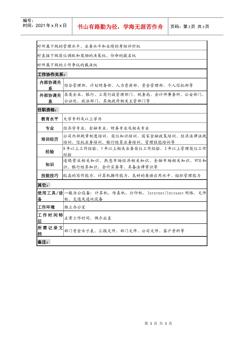 投资公司营业部经理职务说明书_第3页