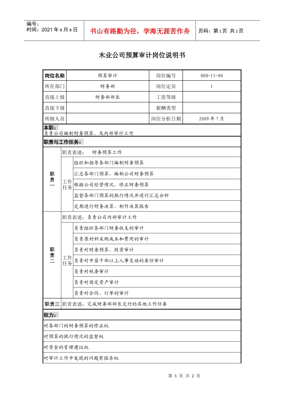 木业公司预算审计岗位说明书._第1页