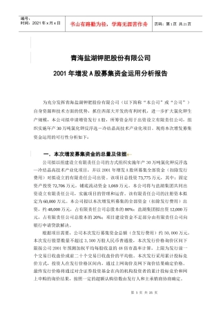 盐湖钾肥增发募集资金运用分析报告(定稿)